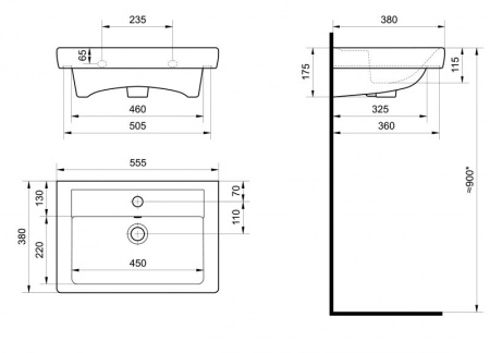 Раковина SantekТигода-55  мини 55х17х38, накладная, прямоугольная керамическая/фарфоровая, цвет белый, с отверстием под смеситель,  слив-перелив