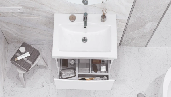 Тумба под раковину Velvex Vizo 60.1Y, 560х432х409 мм подвесная, цвет белый глянец, 1 выдвижной ящик, подходит раковина Como 60, универсальная, в ванную комнату