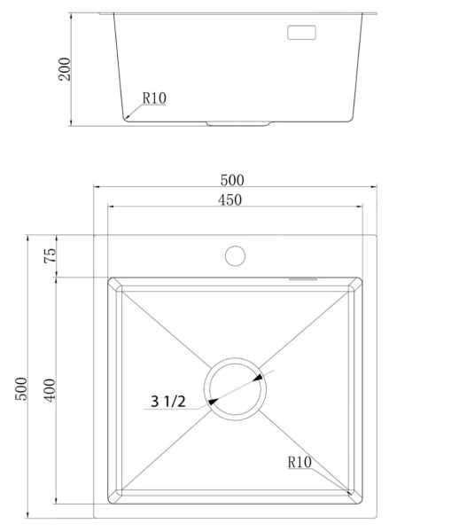 Мойка Ukinox Практика, 50х50 см, врезная, стальная, квадратная, цвет брашированная сталь, с отверстием под смеситель, крепежи, выпуск, перелив, без крыла, для кухни PRB500.500 -GT10C 0CW & S