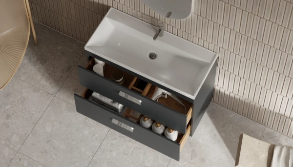 Тумба под раковину Velvex Orlando 1000-0-2, 997х445х799 мм напольная, цвет графит, 2 выдвижных ящика, подходит раковина Madera Classica rkCla.100-81, универсальная, в ванную комнату