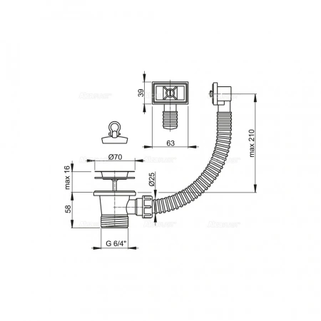 Выпуск для мойки AlcaPlast 1 1/2" с нержавеющей peшeткой Ø70 c прямоугольным переливом А331
