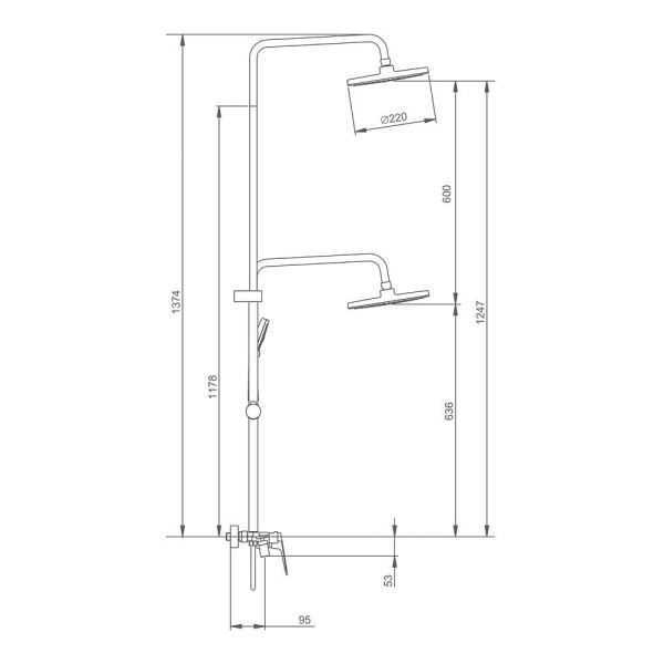Душевая система Splenka S53.24.06 высота 1374 мм цвет черный, комплект: однорычажный смеситель-полка/излив/тропический душ круглый (с верхней лейкой)/лейка/стойка/шланг, латунь