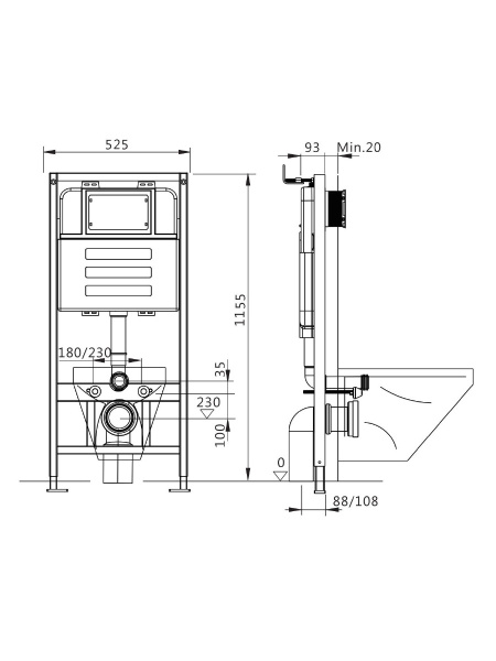 Инсталляция Olives EM52010 усиленная, без кнопки (клавиши смыва, двойного слива), система для подвесного унитаза, со скрытым смывным бачком (бак), комплект, размеры рамы (каркас) 525х1155х93 мм