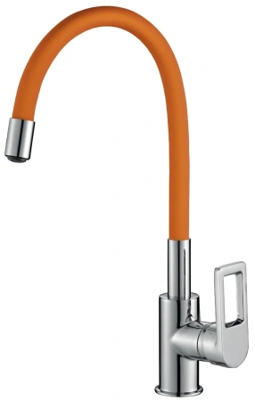 Смеситель для кухни/мойки Rossinka, однорычажный, керамический картридж, поворотный, высокий/гибкий излив, длина излива 216 мм, латунь, цвет хром/оранжевый
