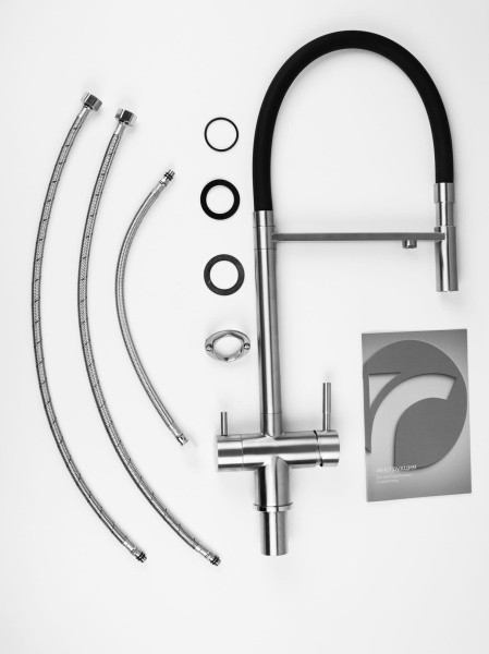 Смеситель для кухни/мойки Knotlor Infinity, с подключением к фильтру, однорычажный, поворотный, керамический, R-излив, гибкий, длина 230 мм, матовая сталь/черный, нержавеющая сталь SS-16