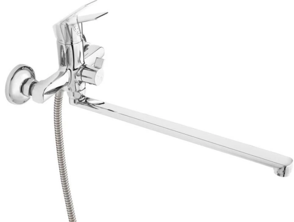 Смеситель для ванны/душа Milardo Nelson однорычажный, керамический, настенный, излив поворотный 408 мм, с гибким шлангом, душем/лейкой, латунь, цвет хром, длинный, универсальный, горизонтальный, рычажный, кран, комплект, сантехника, размер