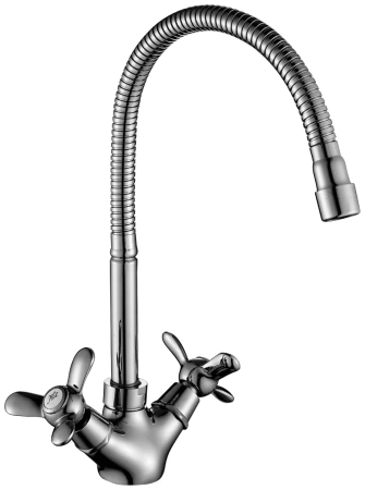 Смеситель для кухни/мойки Rossinka, двухвентильный, керамический, поворотный, высокий гибкий излив, длина излива 205 мм, латунь, цвет хром