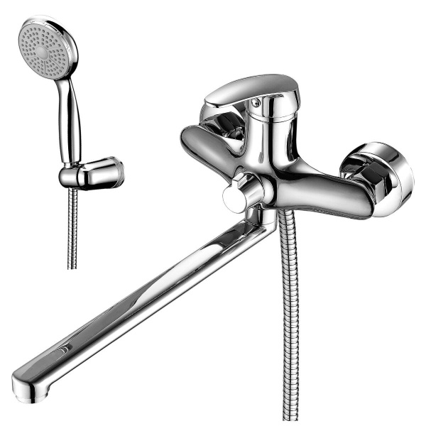 Смеситель для ванны/душа Lemark plus Strike однорычажный, керамический, настенный, излив поворотный 300 мм, с гибким шлангом, душем/лейкой, латунь, цвет хром, длинный, универсальный, горизонтальный, рычажный, кран, комплект, сантехника, размер