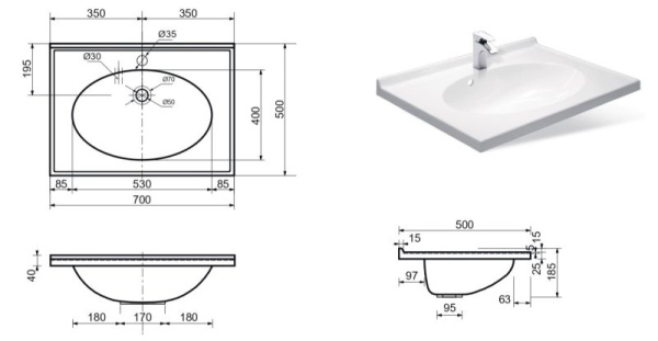 Раковина/умывальник Эстет Lilia 70, 700х500х185 мм, встраиваемая сверху, прямоугольная, литьевой мрамор, цвет белый, с отверстием под смеситель, без слив-перелива, умывальник