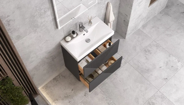 Тумба под раковину Velvex Edge 700-0-2, 694х388х796 мм напольная, цвет графит, 2 выдвижных ящика, подходит раковина 9696-70, универсальная, в ванную комнату