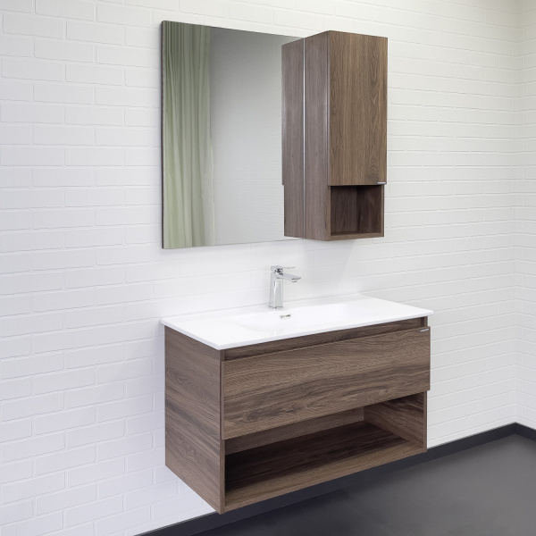 Тумба с раковиной Comforty Бордо 90, 90х55х47 см, подвесная, 1 выдвижной ящик/открытая полка, ЛДСП/МДФ, прямоугольная, цвет- дуб темно-коричневый/раковина 9090M, прямоугольная, цвет белый, встраиваемая