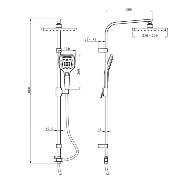 Душевой гарнитур Olives KDC03 высота 1080 мм цвет хром, комплект: тропический душ (с верхней лейкой)/стойка/лейка/шланг, наружного монтажа, настенный