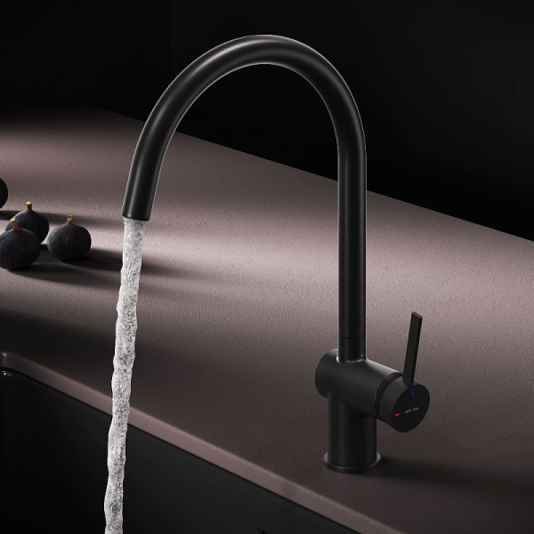 Смеситель для кухни/мойки AM.PM Func высокий, С-излив, однорычажный, поворотный, керамический, длина излива 225 мм, нержавеющая сталь/цинк/латунь, цвет черный