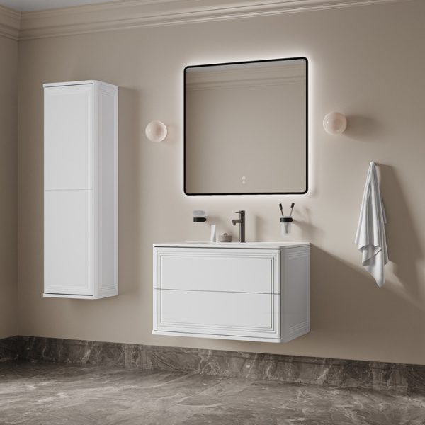 Тумба c раковиной IDDIS Oxford Neo, 808х469х500 мм, подвесная, 2 выдвижных ящика, МДФ/санфарфор, раковина накладная, прямоугольная, цвет белый, отверстие под смеситель OXN80W0i95K