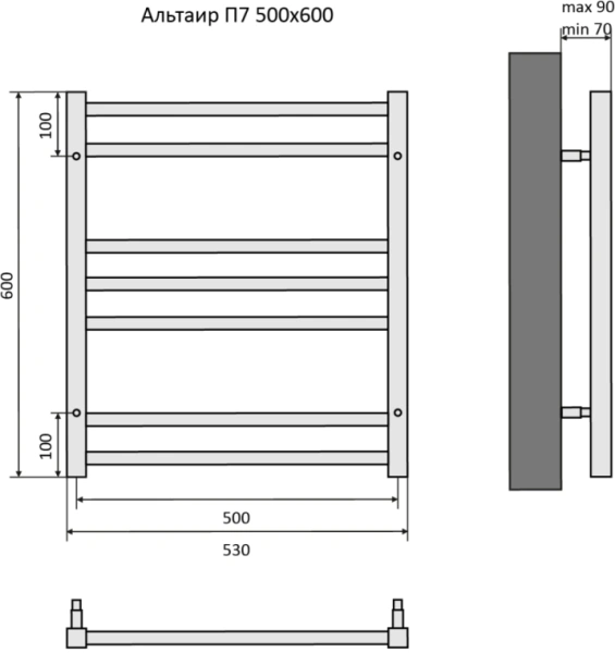 Полотенцесушитель Aquatek Альтаир водяной П7 500х600 мм хром, нержавеющая сталь, лесенка, подключение нижнее