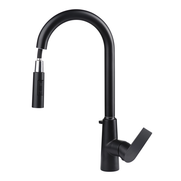 Смеситель для кухни/мойки AQUEDUC однорычажный, поворотный/выдвижной с мыльницей, керамический, длина излива 210 мм, нержавеющая сталь, цвет черный матовый 345719