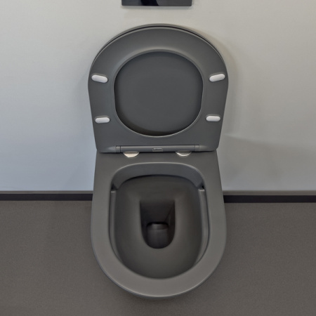 Унитаз подвесной Comforty, графит матовый, горизонтальный (в стену) выпуск, с быстросъёмным сиденьем микролифт, дюропласт, безободковый, под скрытый бачок