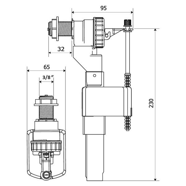 Впускной клапан KK-POL боковой подвод воды 3/8"нр. штуцер пластик, для пластиковых и керамических бачков, заливной механизм