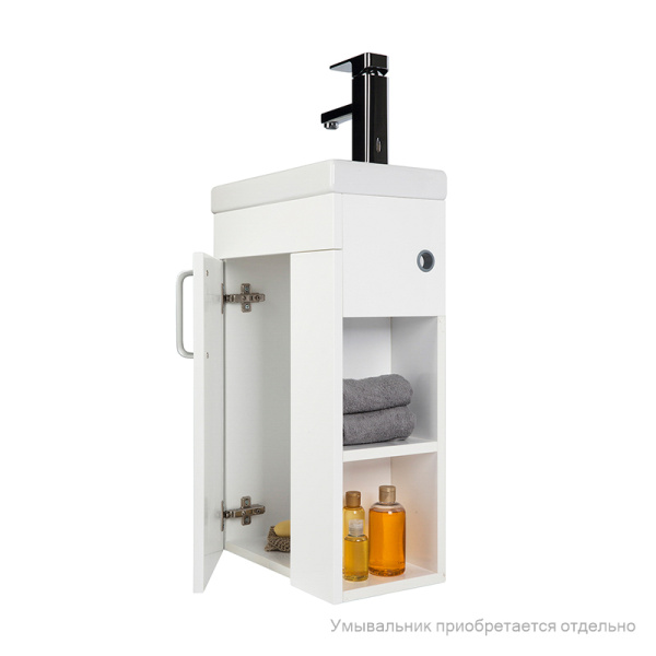 Тумба под раковину IDDIS Torr, 390х220х600 мм, подвесная,1 распашная дверца, 2 открытые полки справа, ЛДСП, шкафчик напольный, система плавного закрывания, прямоугольная, правая, правосторонняя, в ванную комнату