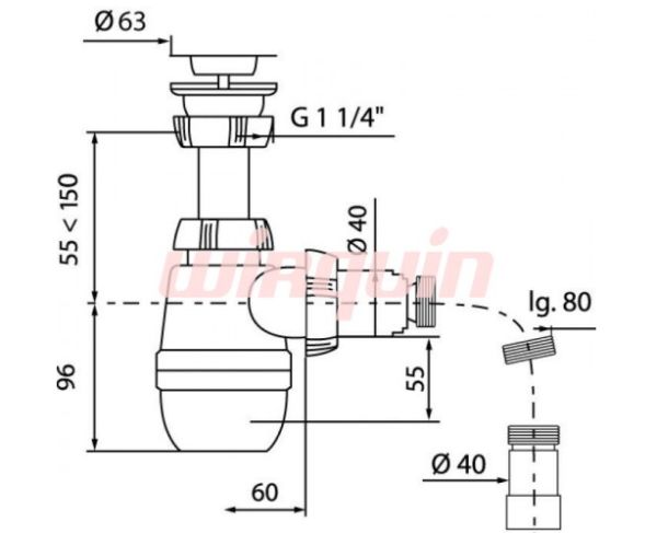 Сифон Wirquin Минор 1 1/4 х 40 мм с гибкой трубой 40 х 40/50 мм 30718050