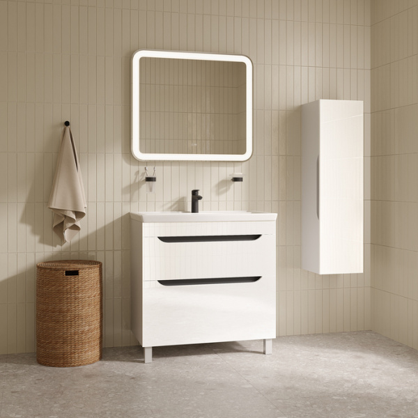 Тумба c раковиной IDDIS Ray, 815х455х835 мм, напольная, 2 выдвижных ящика, МДФ/раковина накладная, прямоугольная, цвет белый, санфарфор, отверстие под смеситель RAY80WFi95K