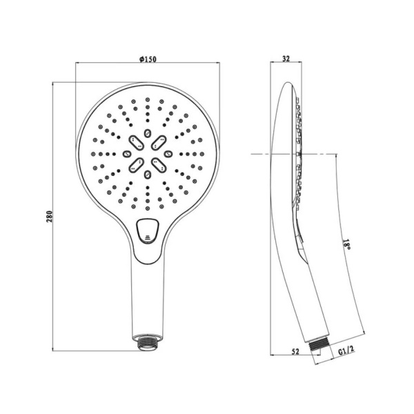 Душевая лейка Olives D193 круглая, 3 режима, хром/черный, ABS пластик, 150х280 мм
