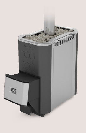 Печь Сахара-24 ЛК (2.0) ТЕПЛОДАР 24м³, напольная, пристенная, цвет серый, с открытой каменкой, с выносной топкой из предбанника, вертикальная, финская, масса камней 90 кг, на дровах