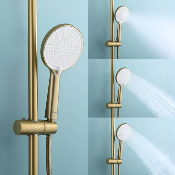 Душевая система Raglo R20.26.03 с термостатом, высота 1130-1480 мм цвет сатин золотой, комплект: термостатический смеситель/излив/тропический душ круглый (с верхней лейкой)/лейка/стойка/шланг, латунь