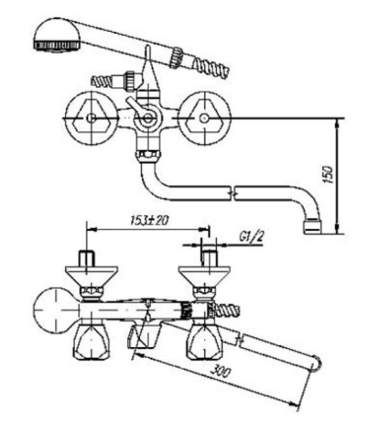 Смеситель для ванны/душа Mofem Nova 604 двухвентильный, кран-букса резина, настенный, излив поворотный 300 мм, с гибким шлангом, душем/лейкой Basic, латунь хром