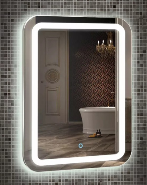 Зеркало Azario Мальта, 55х80 см, с LED/ЛЕД-подсветкой, с диммером, с подогревом, Bluetooth, прямоугольное, выключатель сенсорный, для ванны, навесное/подвесное/настенное