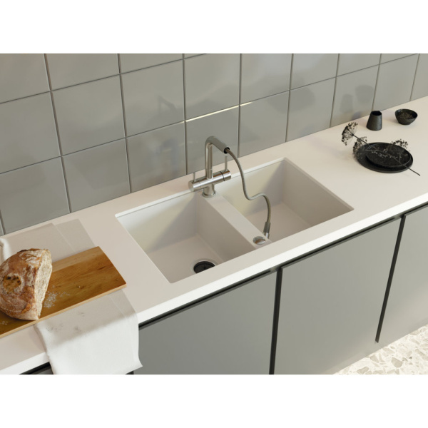 Мойка кухонная Omoikiri Kitagawa 83-2-U-WH, две чаши, 48,8х83,6 см, врезная, из керамики (Artceramic), прямоугольная, цвет белый, без отверстия под смеситель, без крыла, слив-перелив, врезная в столещницу, для кухни