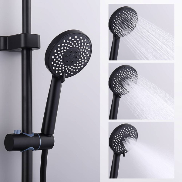 Душевая система Splenka S53.24.06 высота 1374 мм цвет черный, комплект: однорычажный смеситель-полка/излив/тропический душ круглый (с верхней лейкой)/лейка/стойка/шланг, латунь