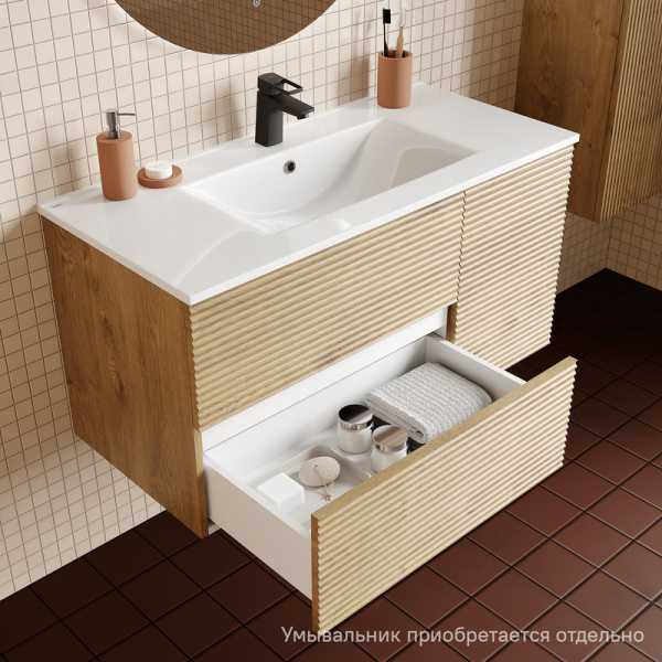 Тумба под раковину IDDIS Bild 452х1003х500 мм подвесная, цвет дуб светлый, с горизонтальной фрезеровкой, 2 выдвижных ящика/1 распашная дверца, МДФ, прямоугольная, в ванную комнату