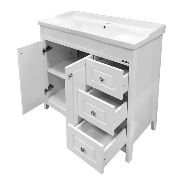 Тумба с раковиной Comforty Тбилиси 90, 90х88х46 см, напольная, 2 распашные дверцы/3 выдвижных ящика, ЛДСП/МДФ, прямоугольная, цвет- белый/раковина COMFORTY XD-F90 , прямоугольная, цвет белый, встраиваемая