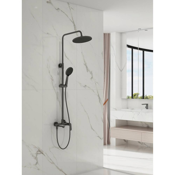 Душевая система Splenka S41.24.09 высота 950-1350 мм цвет графит, комплект: однорычажный смеситель/излив/тропический душ круглый (с верхней лейкой)/лейка/стойка/шланг, латунь