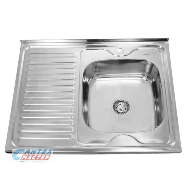 Мойка Sink Light, 80х60 см, толщина 0.8 мм, с левым крылом, с сифоном, накладная, нержавеющая сталь, прямоугольная, цвет полированная, отверстие под смеситель, для кухни, прямая, встроенная