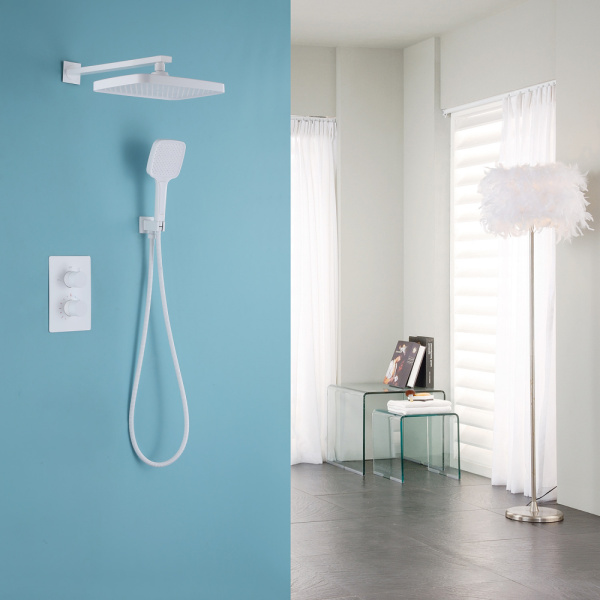 Душевая система ABBER Weiss Insel встраиваемая, цвет белый, комплект: смеситель термостатический/тропический душ (с верхней лейкой)/лейка/шланг, встраиваемый (скрытый) монтаж