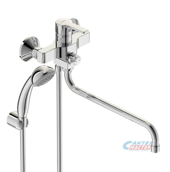 Смеситель для ванны/душа Vidima Уно однорычажный, керамический, настенный, излив поворотный 320 мм, с гибким шлангом, душем/лейкой, латунь, цвет хром, длинный, универсальный, горизонтальный, рычажный, кран, комплект, сантехника, размер