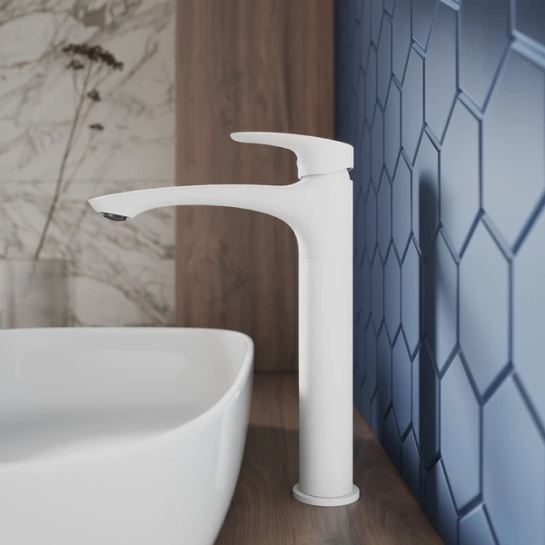 Смеситель для раковины/умывальника Milardo Rora, однорычажный, неповоротный, керамический картридж, высокий, длина излива 166 мм, латунь, цвет белый матовый