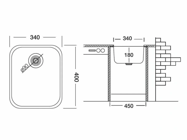 Мойка Ukinox Модерн, 34х40 см, врезная, стальная, прямоугольная, цвет нержавеющая сталь, без отверстия под смеситель, слив-перелив, без крыла, для кухни