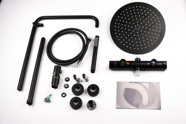 Душевая система Knotlor Eclipse с термостатом, высота 1200 мм, цвет матовый черный, комплект: смеситель/тропический душ (с верхней лейкой)/лейка/стойка/шланг, нержавеющая сталь