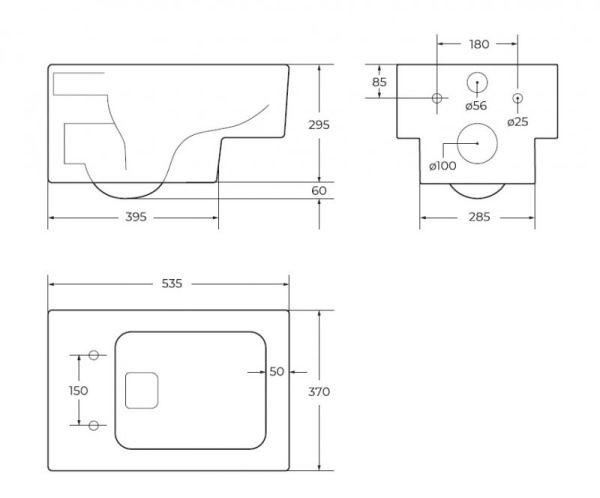 Унитаз подвесной Cezares Cadro, белый, горизонтальный (прямой) выпуск, безободковый, без сиденья, антивсплеск, под скрытый бачок