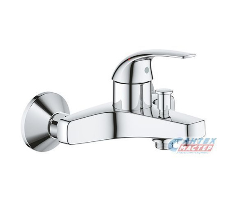 Смеситель для ванны/душа Grohe BauCurve однорычажный, керамический, настенный, излив фиксированный 162 мм, латунь, цвет хром, короткий, универсальный, горизонтальный, рычажный, кран, комплект, сантехника, размер, характеристики, высота, расстояние