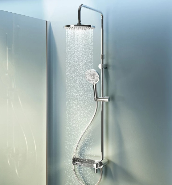 Душевая система AM.PM X-Joy, высота 1460 мм, цвет хром, комплект: однорычажный смеситель с изливом/тропический душ (с верхней лейкой)/стойка/лейка/шланг, наружного монтажа
