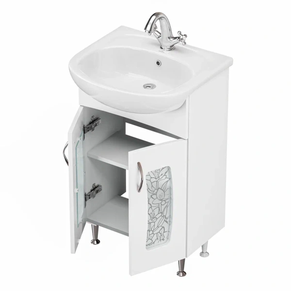 Тумба с раковиной GRADEONIKA Муза 50, 48,2х28,6х69,5 см, напольная, 2 распашные дверцы, вставка матовое стекло с орнаментом лотос, МДФ/стекло, прямоугольная, цвет белый, прямоугольная 51841
