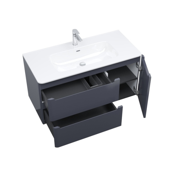 Тумба c раковиной IDDIS Edifice, 1002х467х500 мм, подвесная, 2 выдвижных ящика/1 распашная дверца, МДФ/санфарфор, раковина накладная, прямоугольная, цвет темно-серый, отверстие под смеситель EDI10D0i95K