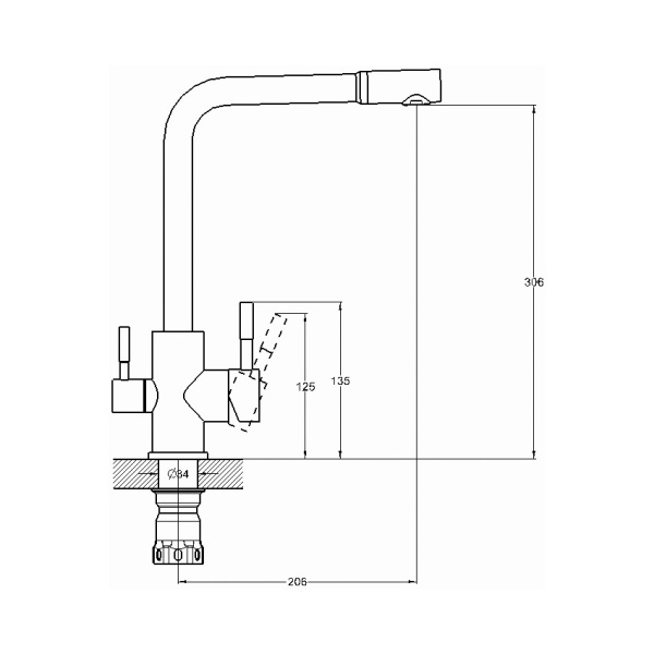 Смеситель для кухни G-lauf ZAP18-A090 с подключением к фильтру, излив поворотный 206 мм, нержавеющая сталь