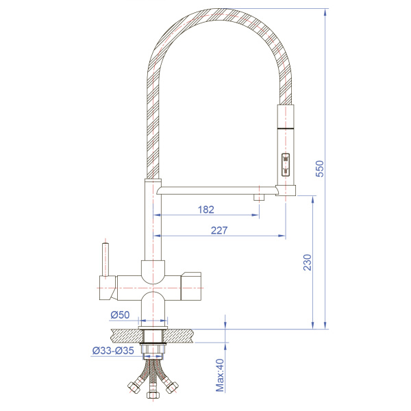 Смеситель для кухни/мойки AQUEDUC с каналом для фильтрованной воды, однорычажный, поворотный/гибкий, керамический, излив 227 мм, высота излива 230 мм латунь, цвет хром 345392