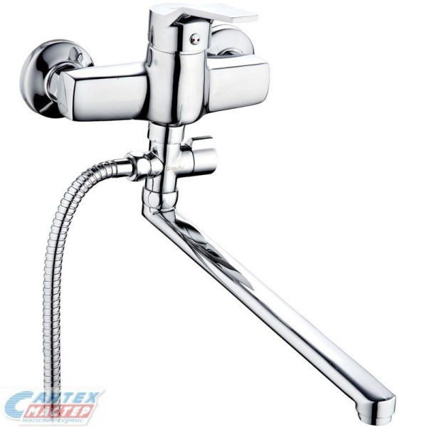 Смеситель для ванны/душа G-lauf однорычажный, керамический, настенный, излив поворотный 321 мм, с гибким шлангом, душем/лейкой, латунь, цвет хром, длинный, универсальный, горизонтальный, рычажный, кран, комплект, сантехника, размер, характеристики