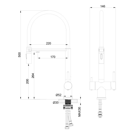 Смеситель для кухни/мойки SS Oliveeka OL-458009-BN с подключением к фильтру, двухзахватный, поворотный/гибкий излив, керамический картридж, высокий, длина излива 220 мм, нержавеющая сталь, цвет никель матовый/черный